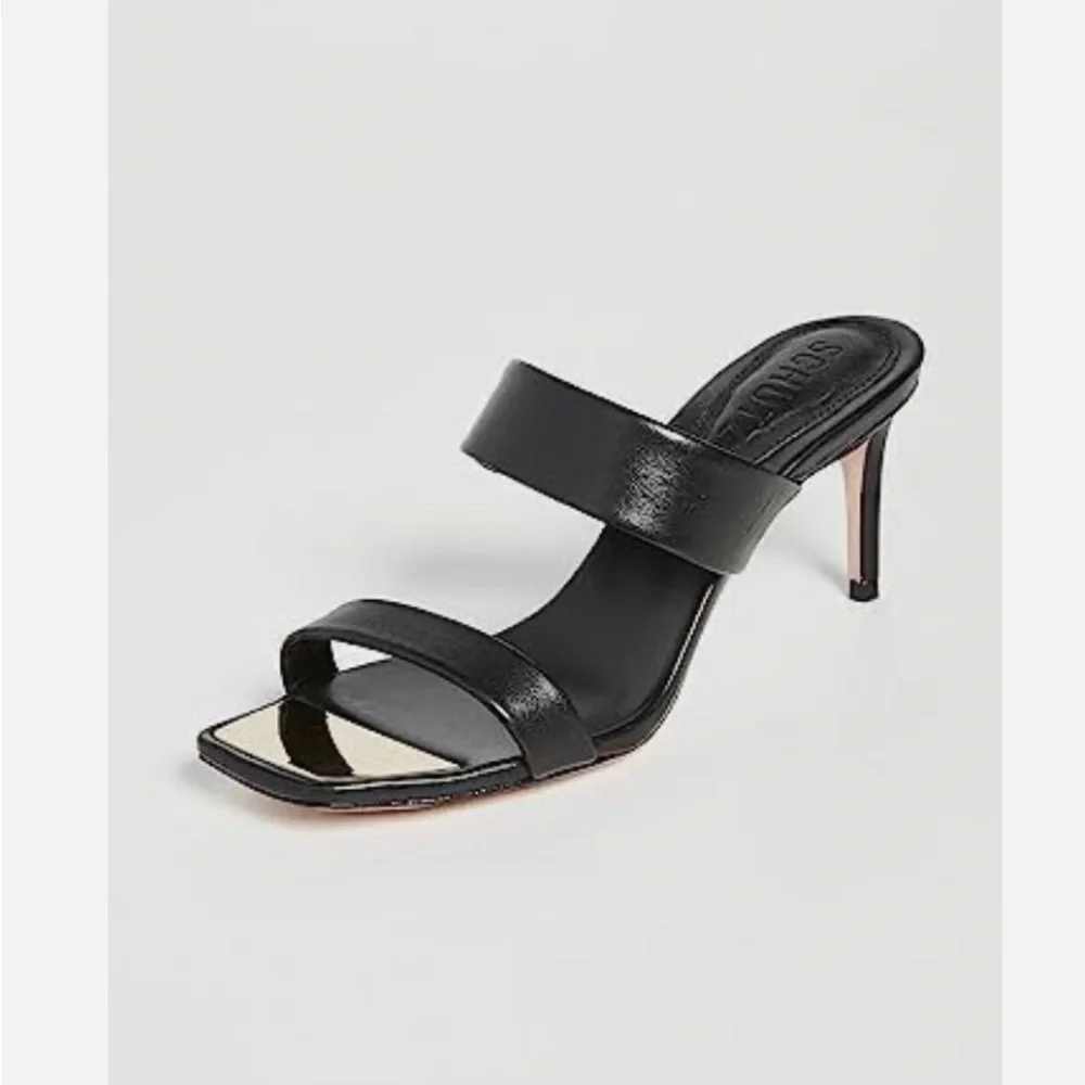 Schutz Aruana Black Heels Leather Sandal Size 10 Gold Accent EUC - Picture 1 of 10